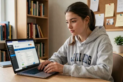 Étudiante utilisant la plateforme Cyclades sur un ordinateur portable dans sa chambre universitaire
