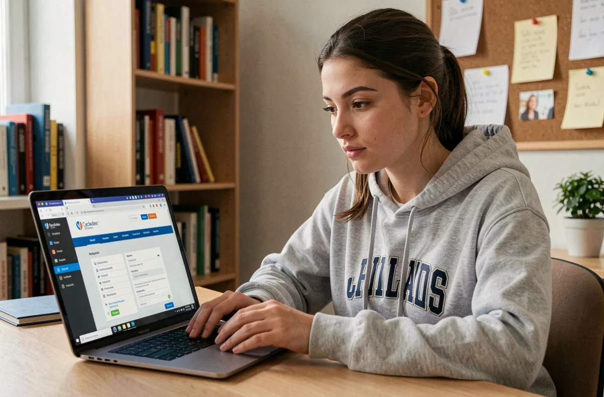 Étudiante utilisant la plateforme Cyclades sur un ordinateur portable dans sa chambre universitaire