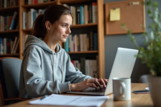 Étudiante préparant ses examens en ligne sur l'ENT UTT avec une check-list imprimée sur son bureau
