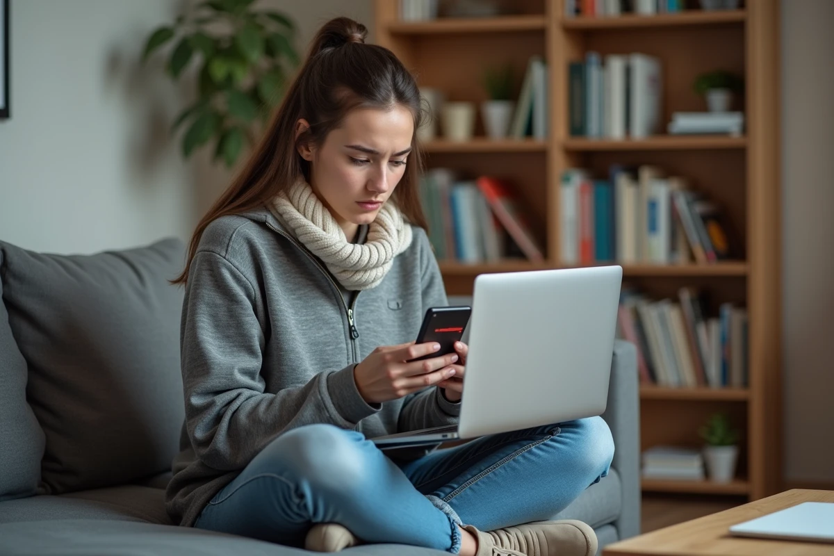 Étudiante consultant son téléphone pour résoudre un problème de connexion à son ENT universitaire depuis son appartement
