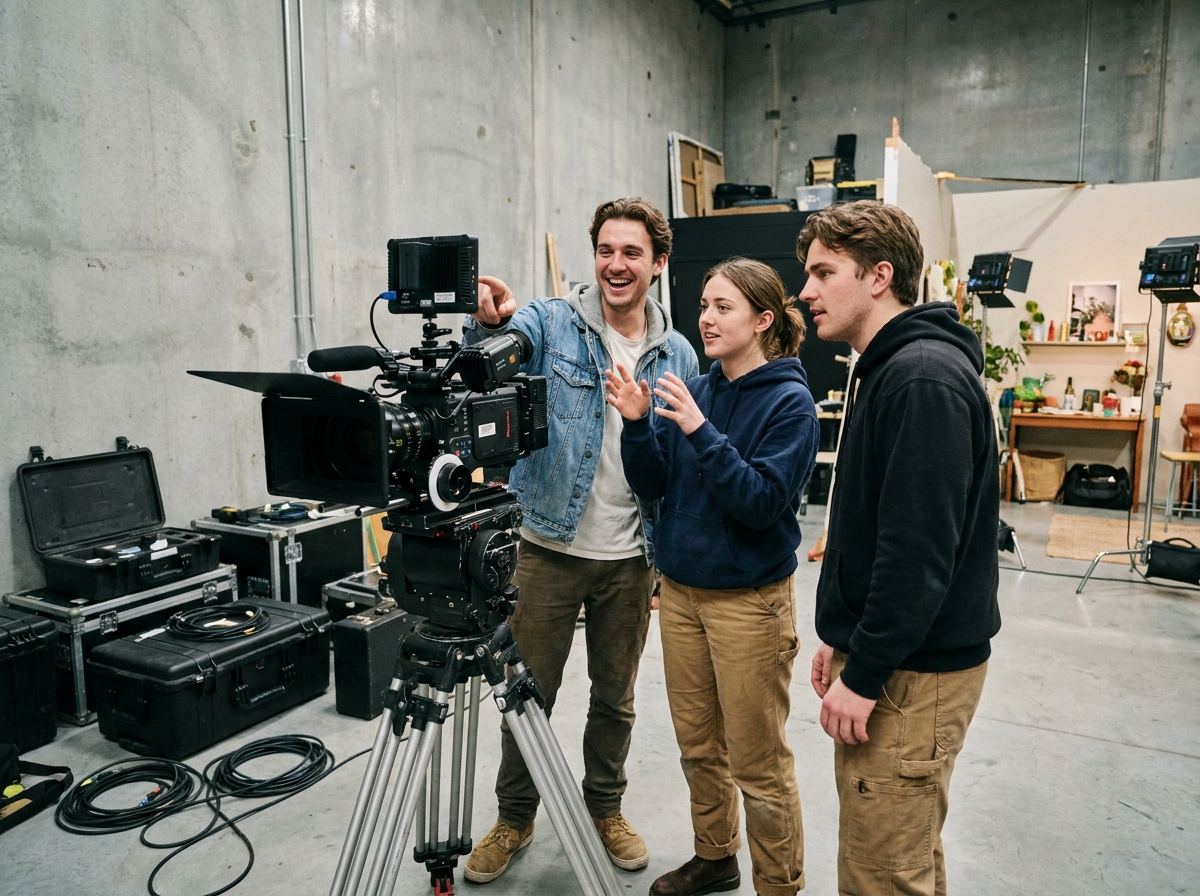 Groupe d'étudiants en cinéma travaillant autour d'une caméra professionnelle dans un studio de tournage