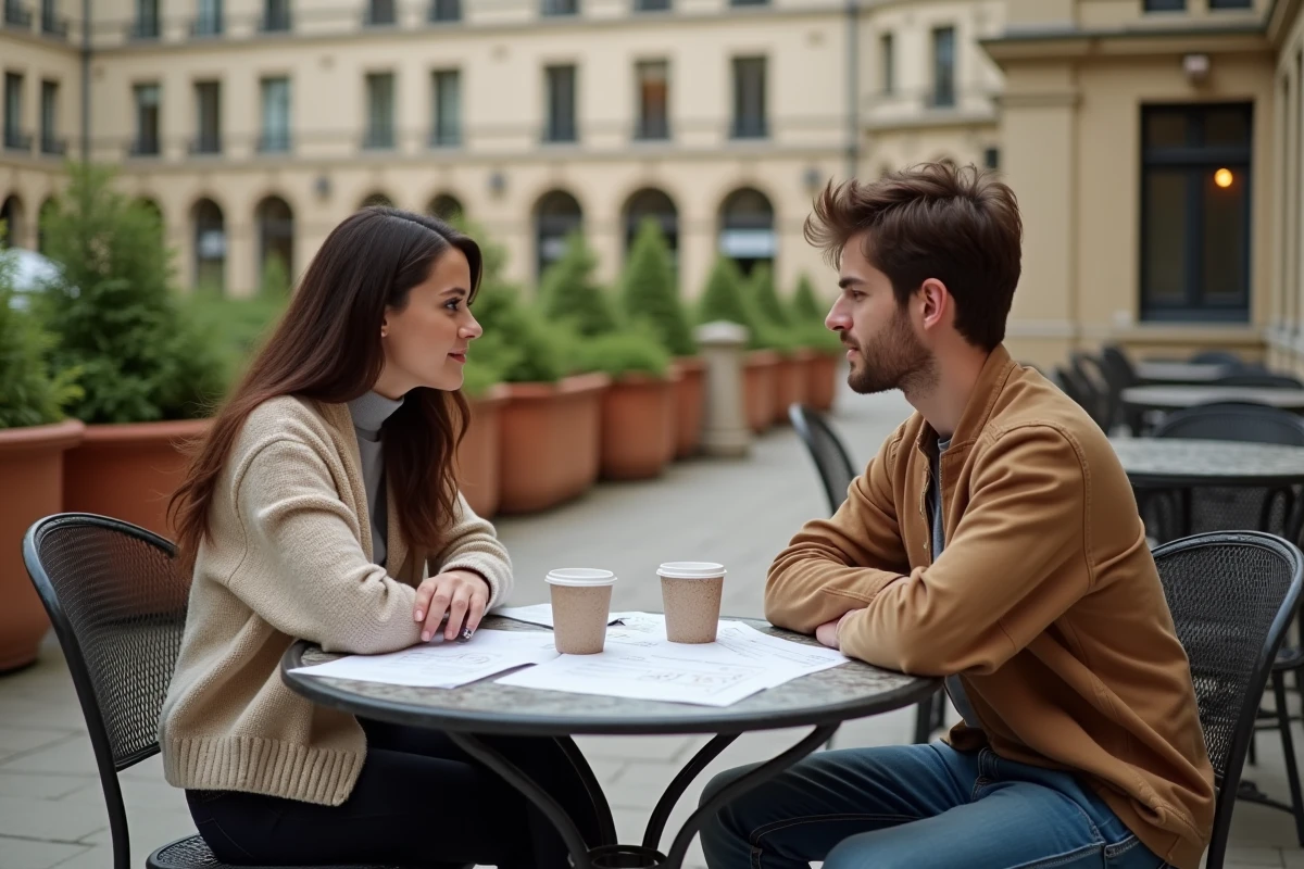 Deux étudiants comparant les différences entre bourse CROUS et bourses régionales autour d'un café sur le campus