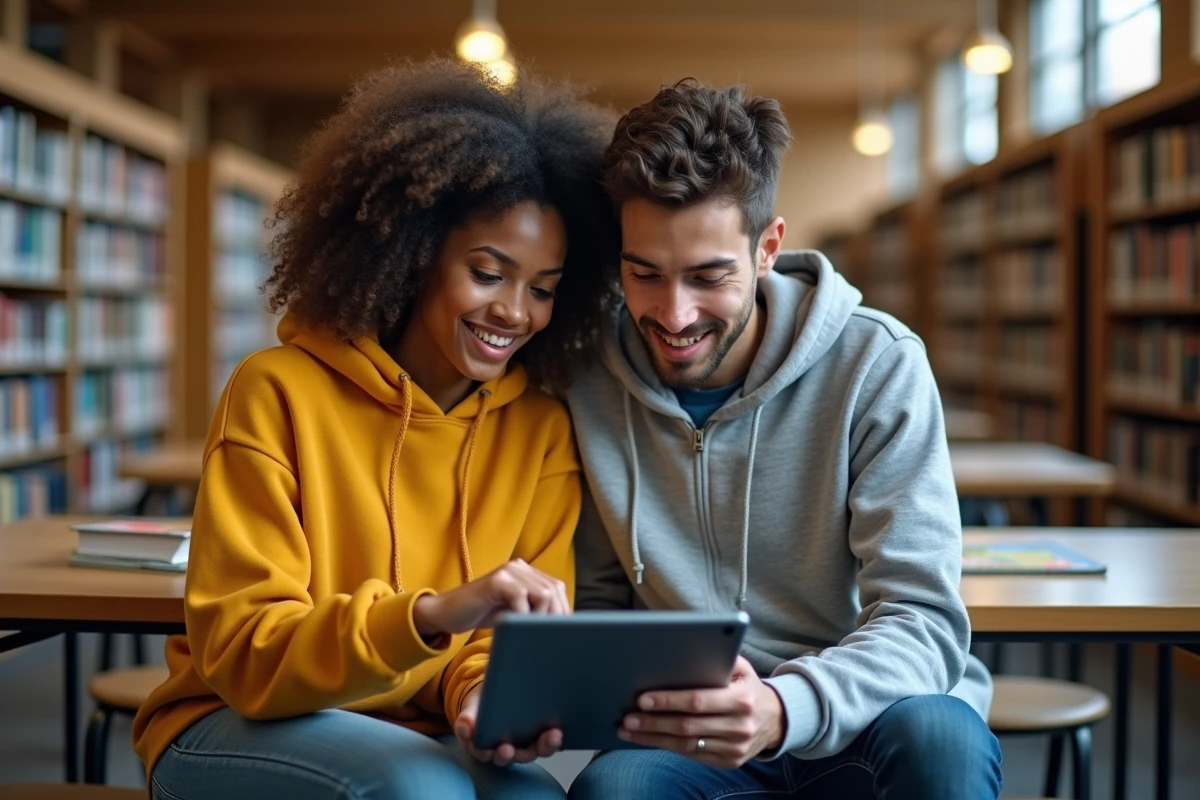 Deux étudiants motivés qui révisent ensemble un cours en ligne sur une tablette dans une bibliothèque universitaire