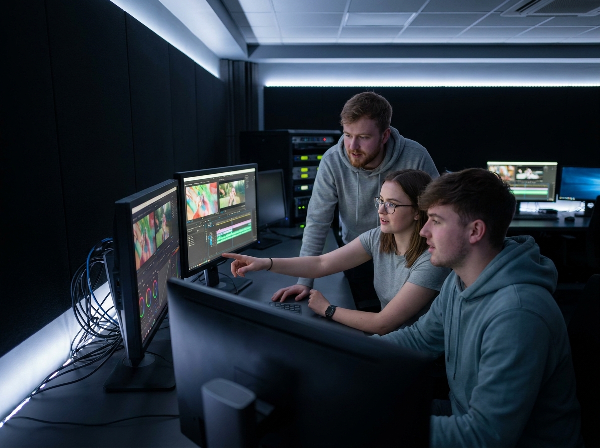 Étudiants en formation audiovisuelle travaillant sur une suite de montage et d'étalonnage dans une école spécialisée