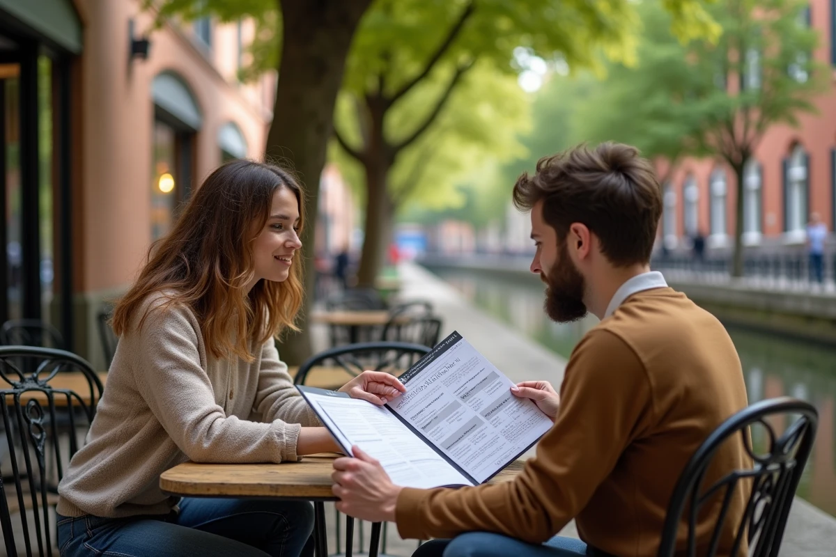 Deux étudiants en photographie discutant des options de financement de leurs études autour d'une table de café à Toulouse près du Canal du Midi