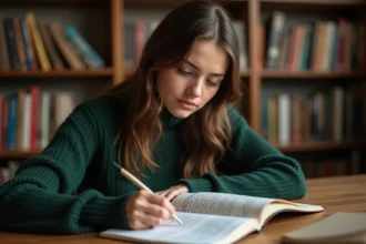 Jeune femme étudiant la grammaire allemande et les déclinaisons dans une bibliothèque universitaire