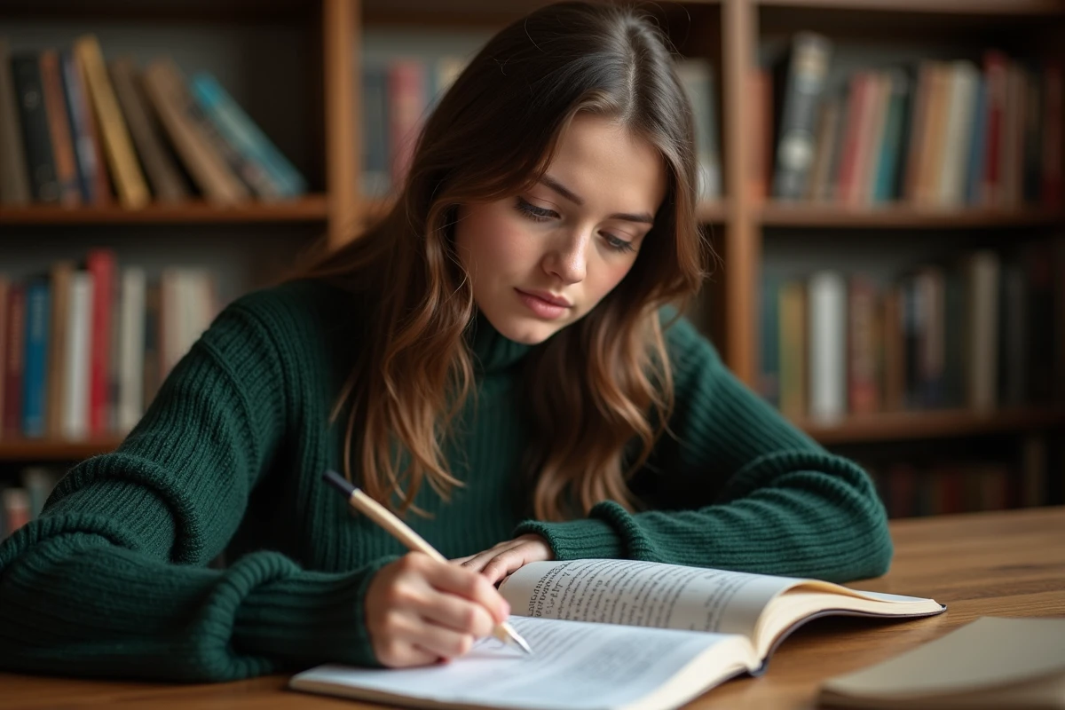 Jeune femme étudiant la grammaire allemande et les déclinaisons dans une bibliothèque universitaire