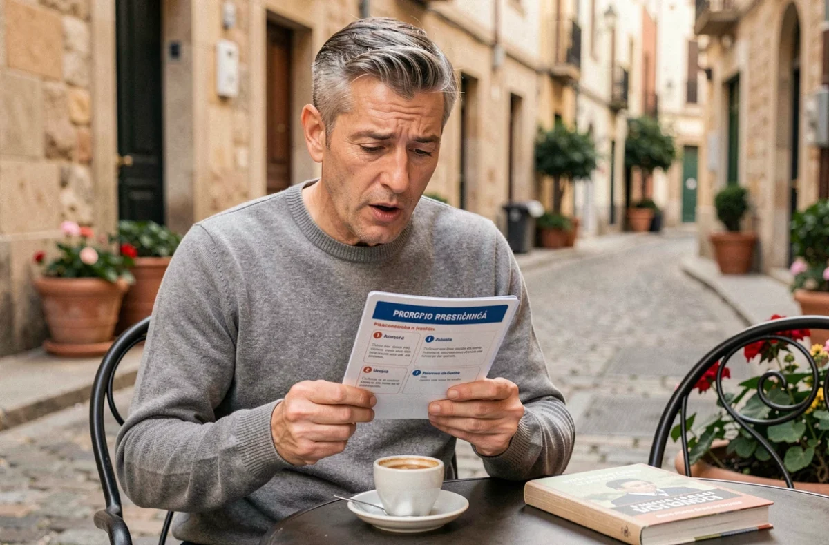 Homme étudiant un guide de prononciation espagnole en terrasse de café avec un livre de phrases