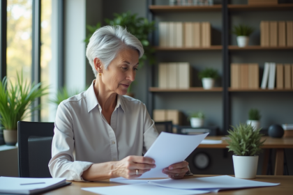 Femme de 52 ans examine un portfolio dans un bureau moderne