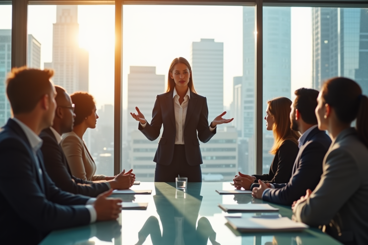 Femme d'affaires confiante dirigeant une équipe dans un bureau lumineux