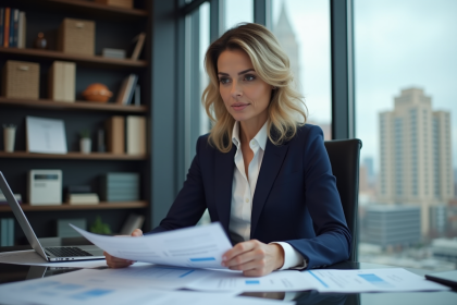 Femme d'affaires en costume navy examine des rapports financiers