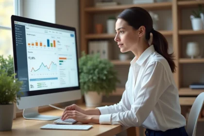 Femme professionnelle analysant des statistiques d'emailing sur un écran dans un bureau minimaliste moderne