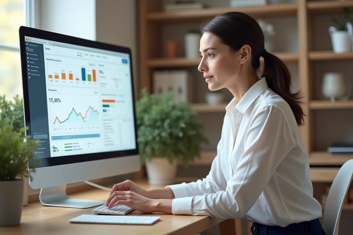 Femme professionnelle analysant des statistiques d'emailing sur un écran dans un bureau minimaliste moderne