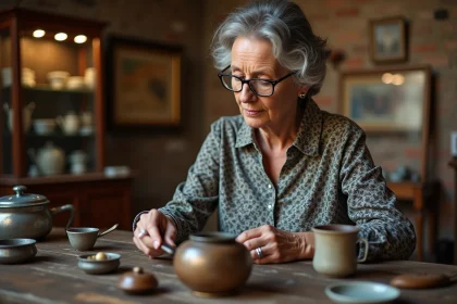 Femme examinant des ustensiles de cuisine anciens