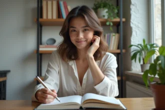 Jeune femme lisant un livre de grammaire française à la maison