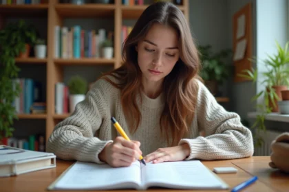 Jeune femme concentrée à étudier des verbes français à la maison