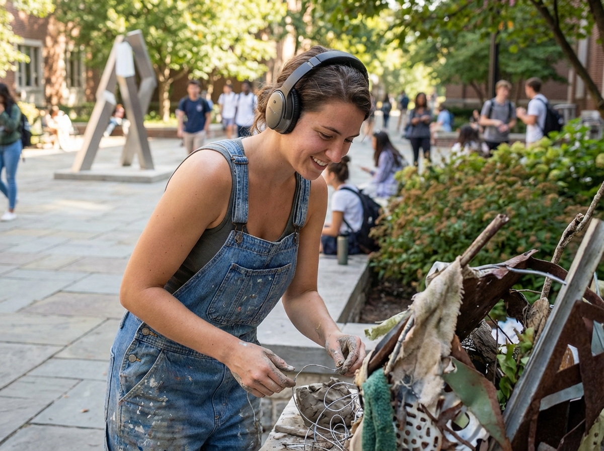 Femme en overalls travaillant sur une installation artistique en extérieur