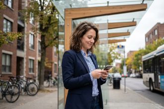 Femme en blazer vérifiant son téléphone à un arrêt de bus