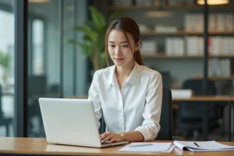 Jeune femme au bureau étudiant utilisant un ordinateur