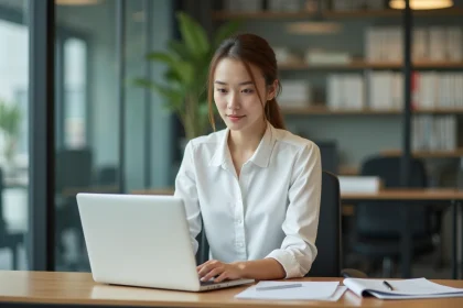 Jeune femme au bureau étudiant utilisant un ordinateur