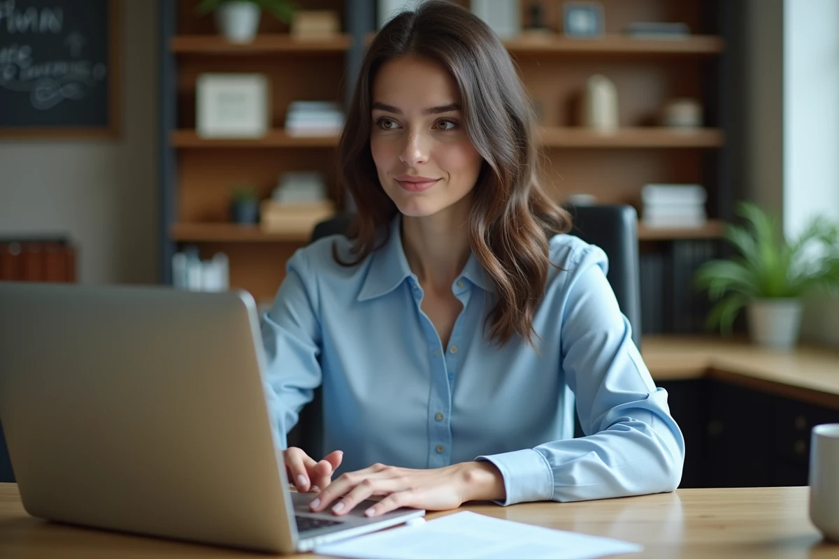 Jeune femme au bureau à domicile concentrée sur un document