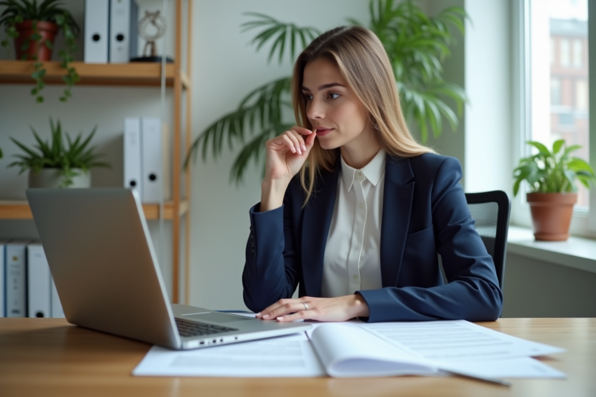 Jeune femme en bureau moderne avec ordinateur et papiers