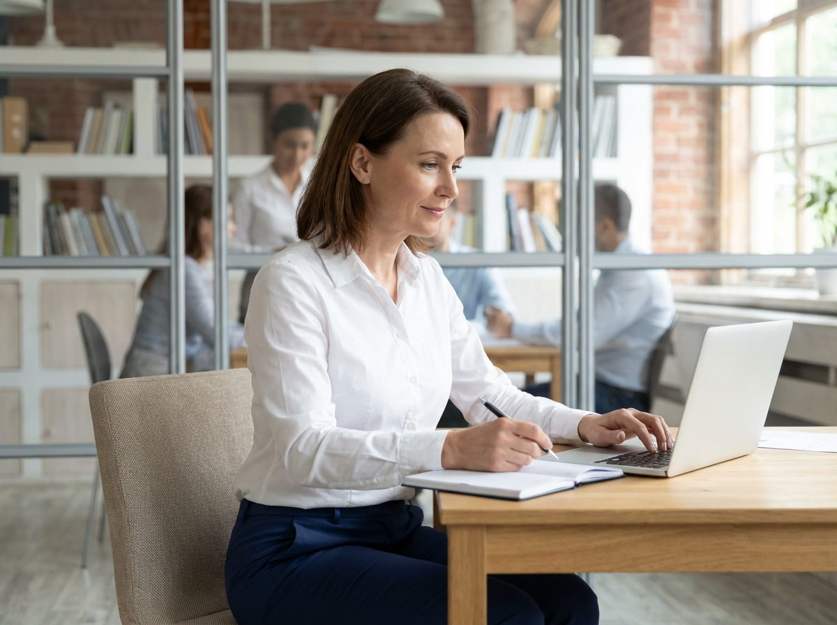 Femme d'environ 50 ans au bureau moderne en blouse blanche