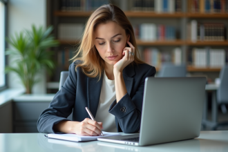 Femme en tenue professionnelle travaillant au bureau