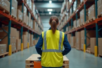 Femme logisticienne conduisant un transpalette électrique CACES 1 dans un entrepôt moderne avec rayonnages industriels