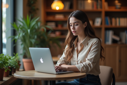 Jeune femme au café travaillant sur son ordinateur portable
