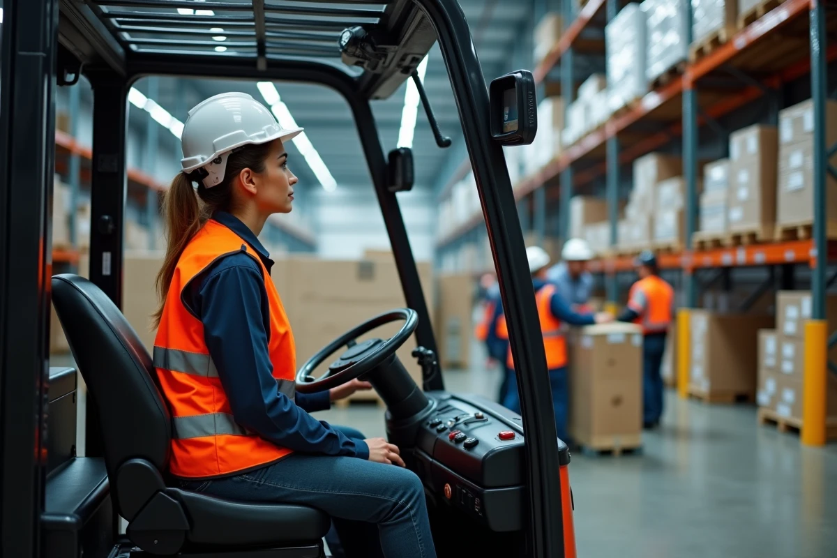 Femme cariste certifiée CACES 3 manœuvrant un chariot élévateur dans un centre de distribution logistique