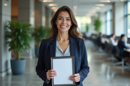 Femme souriante avec certificat dans un bureau moderne