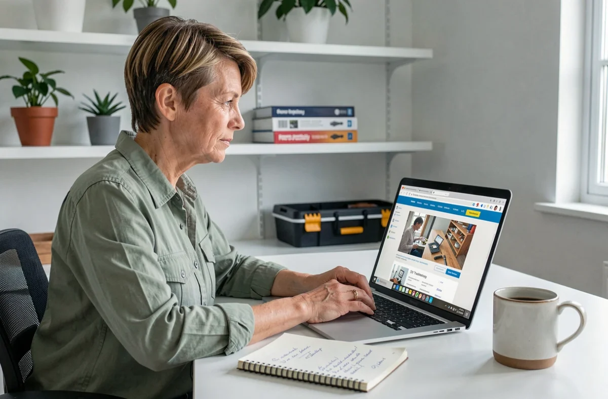 Une femme choisissant une formation bricolage en ligne sur son ordinateur portable à domicile
