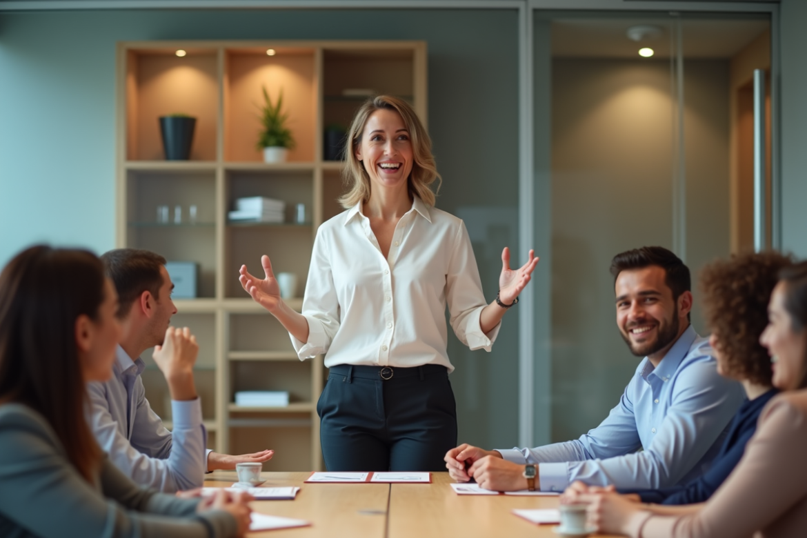 Femme en réunion moderne lors d'une présentation