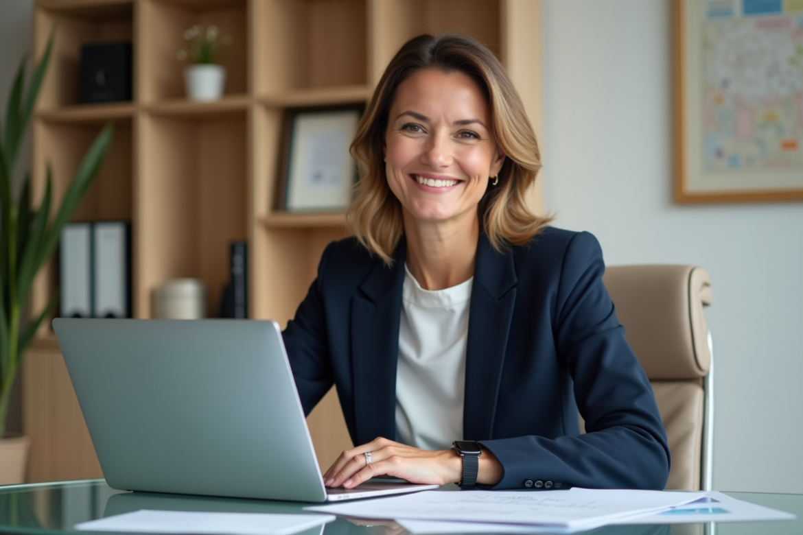 Femme confiante en blazer navy dans un bureau moderne