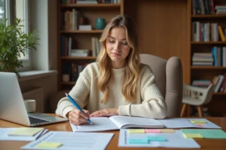 Jeune femme annotant un paragraphe avec des connecteurs logiques dans un carnet sur un bureau en bois, entourée de livres de grammaire