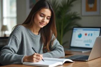Femme en train de noter ses objectifs de développement personnel dans un carnet sur un bureau moderne minimaliste