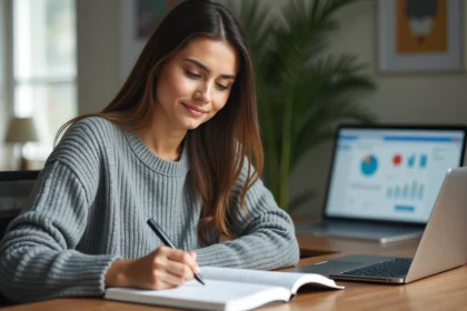 Femme en train de noter ses objectifs de développement personnel dans un carnet sur un bureau moderne minimaliste
