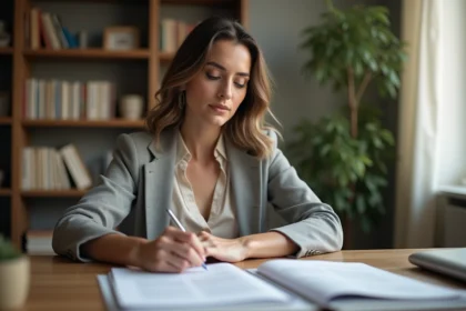 Femme consultant des documents CPF pour financer une formation professionnelle à son bureau à domicile