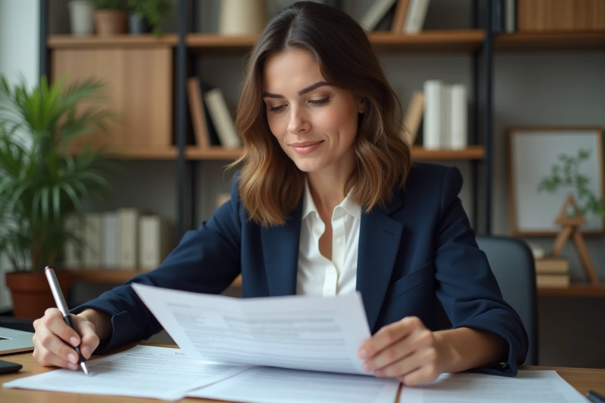 Femme consultant des documents d'inscription Pôle emploi sur un bureau en bois à domicile