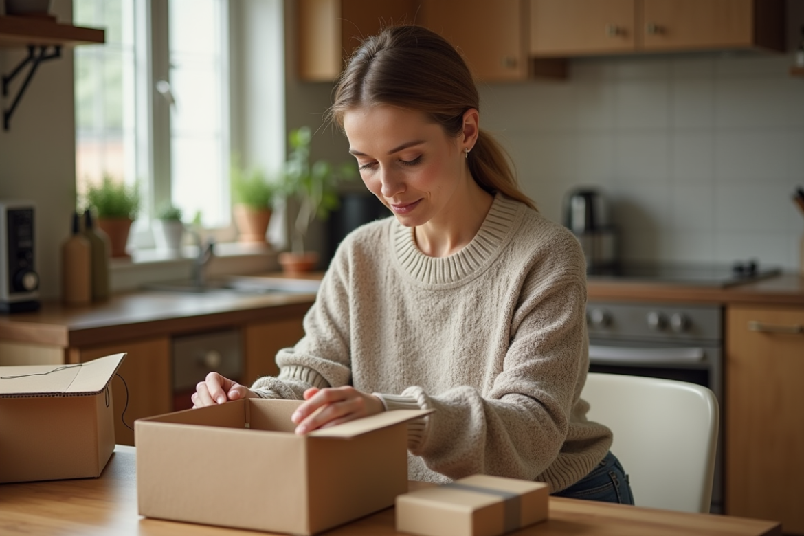 Femme en cuisine emballant des petits objets avec soin