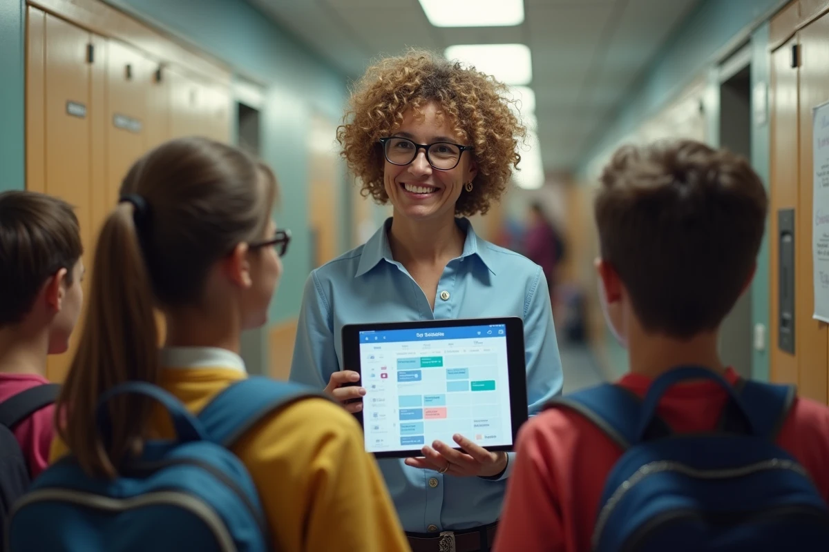 Femme souriante montrant le calendrier Syclade aux adolescents