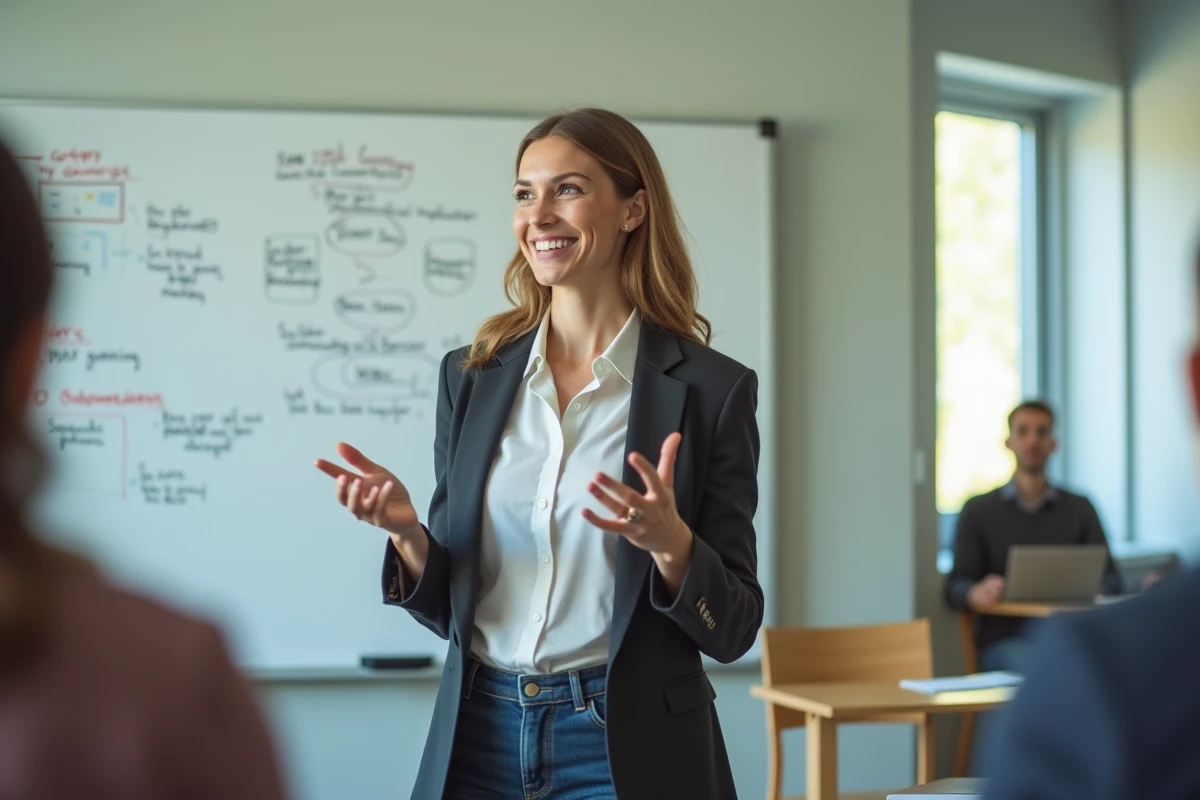 Femme en classe expliquant devant un tableau blanc