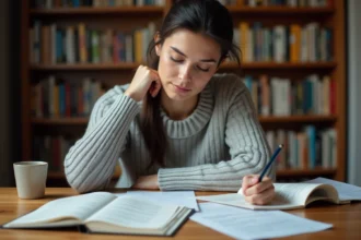 Femme étudiant la conjugaison espagnole du passé simple avec des livres de grammaire ouverts sur un bureau en bois