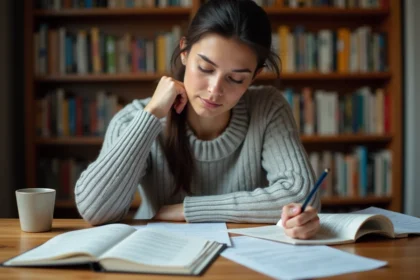 Femme étudiant la conjugaison espagnole du passé simple avec des livres de grammaire ouverts sur un bureau en bois