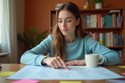 Jeune femme étudiant un tableau de conjugaison espagnol à son bureau avec des notes de couleur et un café
