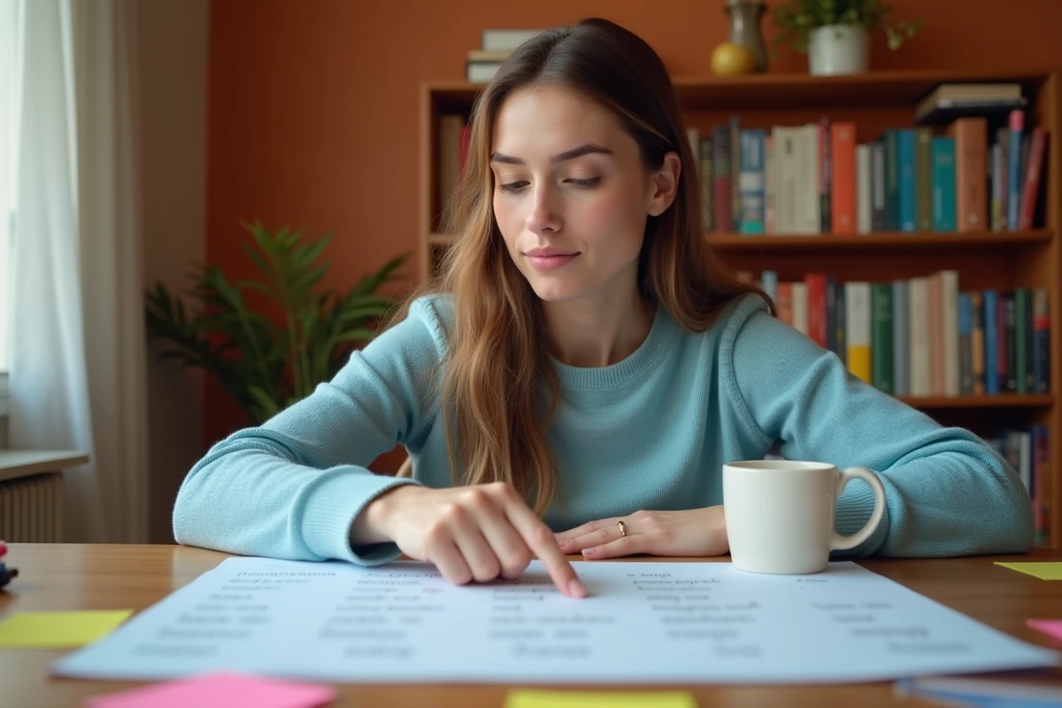 Jeune femme étudiant un tableau de conjugaison espagnol à son bureau avec des notes de couleur et un café