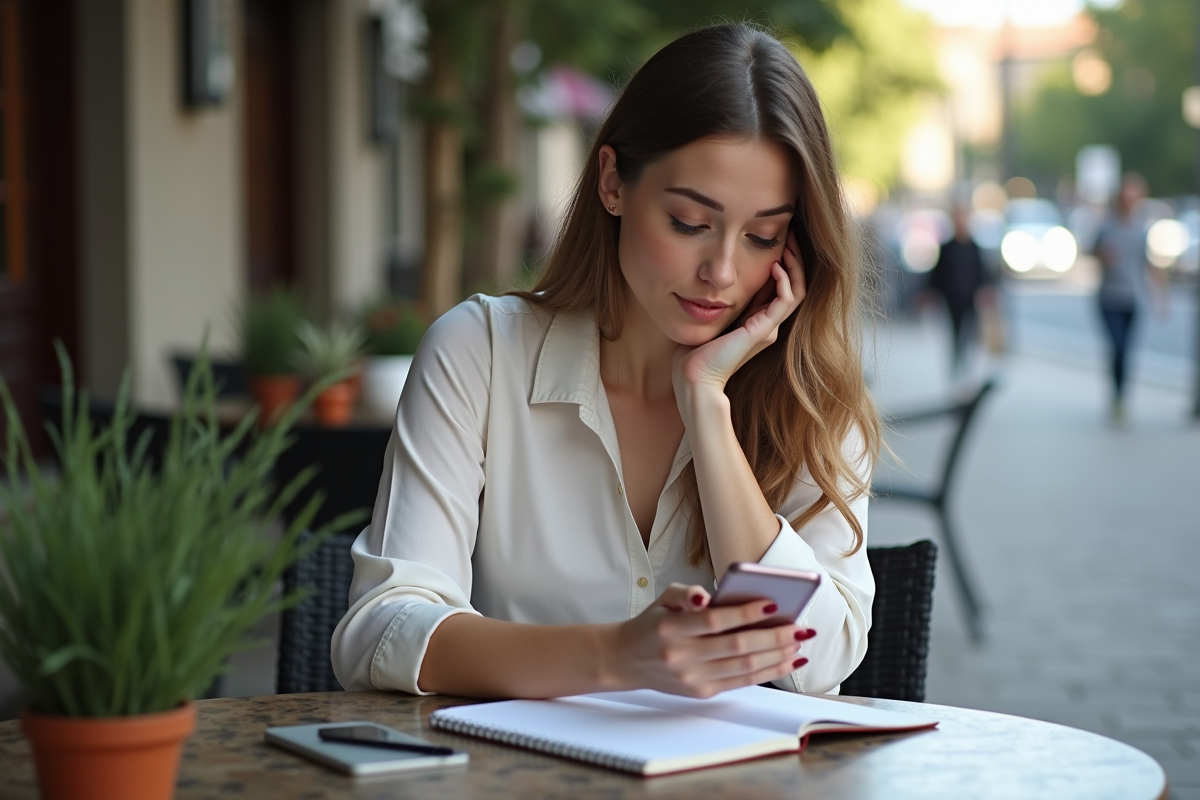 Jeune femme analysant ses finances sur smartphone en extérieur