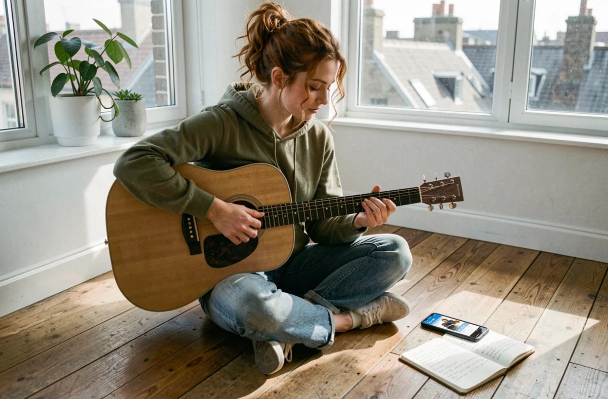 Jeune femme apprenant la tablature de Let It Be à la guitare acoustique avec une application sur smartphone