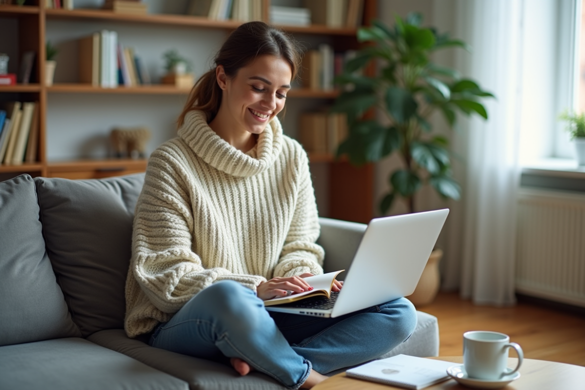 Femme assise sur un canapé avec livre et ordinateur dans un salon lumineux
